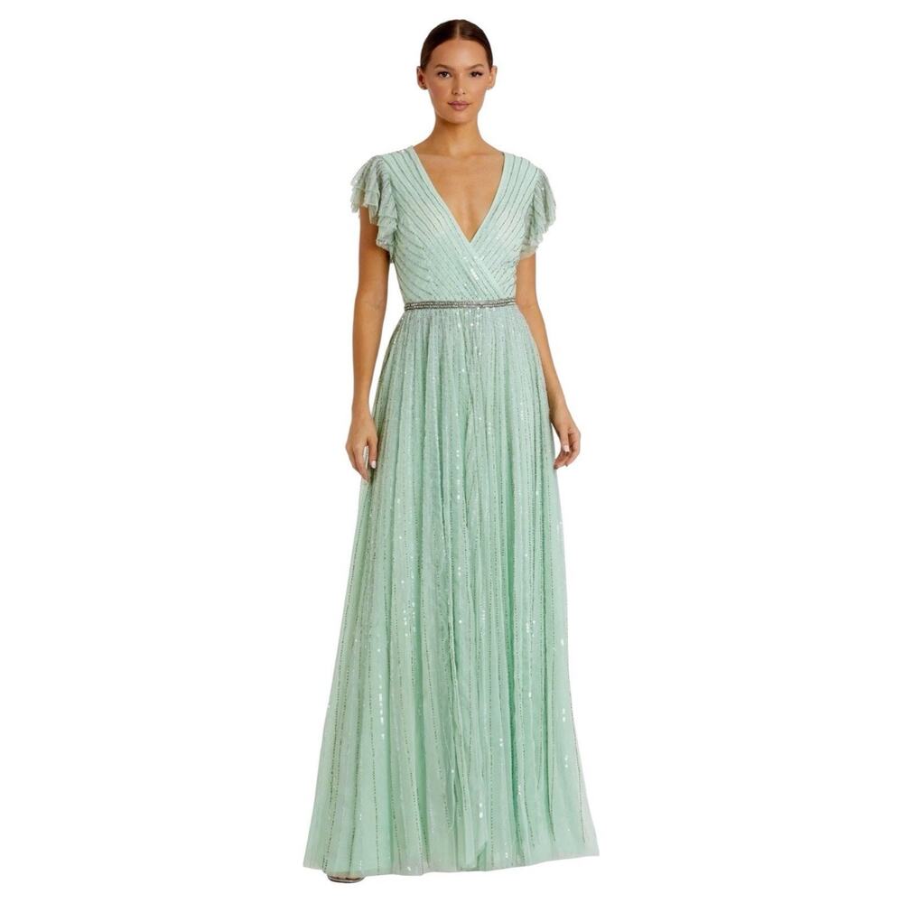 Mac Duggal 5502 Mint Green Sequin Flutter Sleeve A-Line Formal Gown Size 6 $698